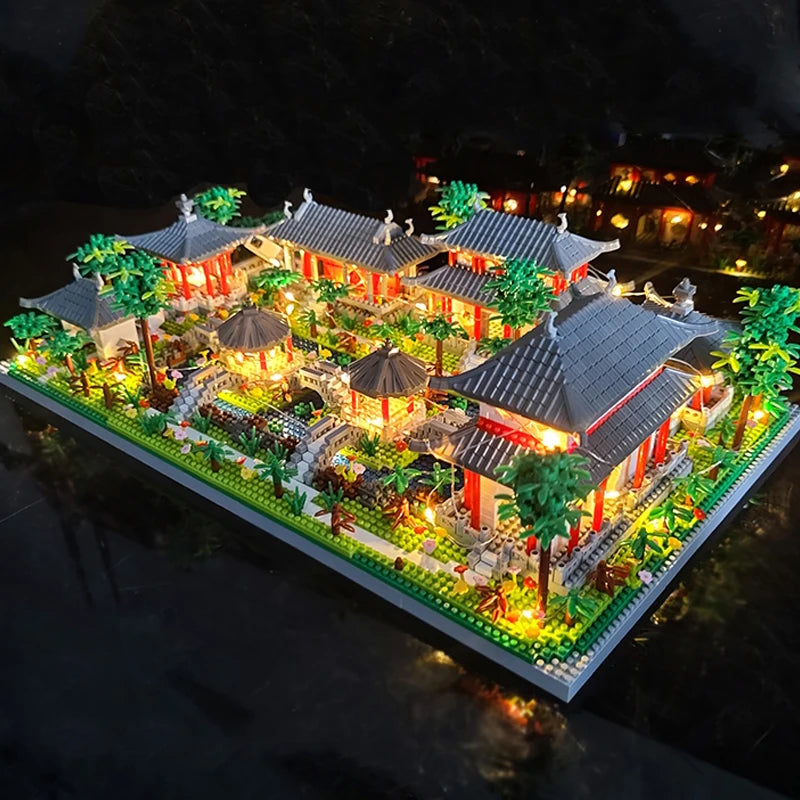 Lezi Architecture Ancient Pavilion Temple Tower Lake Garden Gate LED Light Model Mini Diamond Blocks Bricks Building Toy no Box.