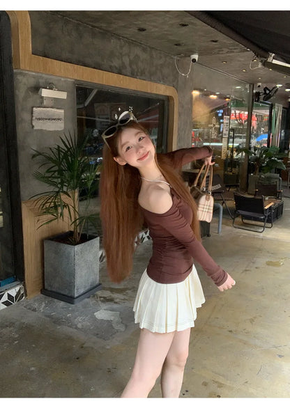 1pcs Spring Autumn Fashion Skew Collar Off-shoulder Long-sleeved T-shirts Women New Solid Slim Fit Sexy Tees Shirts Student Tops.