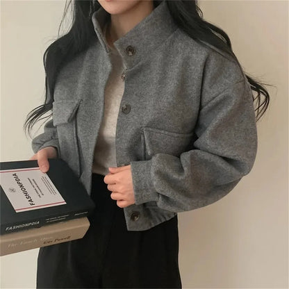 Korean Fashion Herbst Winter Mantel Frauen Neue In Stehen Neck Feste Taste Lose Jacke Dame Casual Straße Outwear Vintage Kleidung