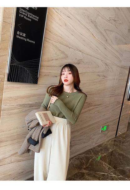 2025Oansatz Rippen Langarm Koreanische Dünne Weibliche Pullover Frauen Pullover Stricken Weiche Jumper Tops Geraffte Herbst Winter Tops.