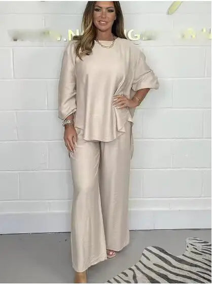 Women's Suit Casual Loose Solid Color Satin 2-piece Set Spring Fall New Blouse Top + Pants Sets Daily Wear Elegant Outfit Female.