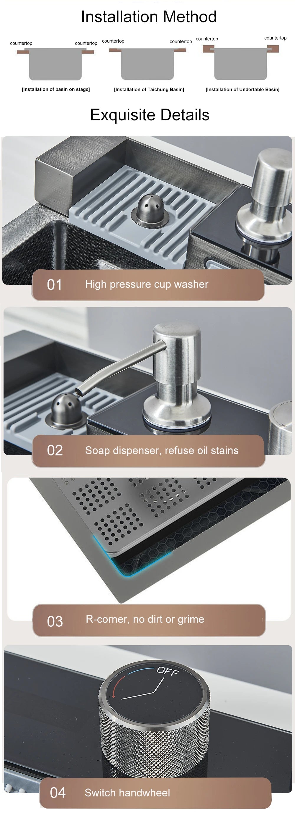Stainless Steel Kitchen Sink with Hot Cold Pull Out Kitchen Sink Faucets Digital Large Single Bowl Waterfall Rain Kitchen Sinks