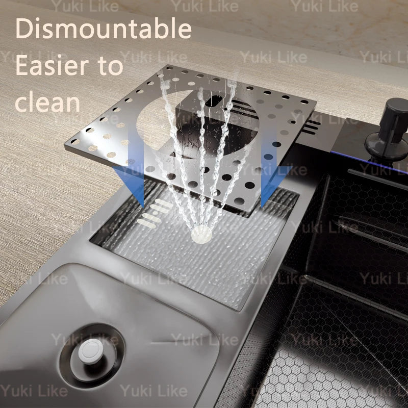 Stainless Steel Kitchen Sink With Waterfall Cup Washer Knife Rack Embossed Extra Large Single Slot Apartment Left Side Drainage