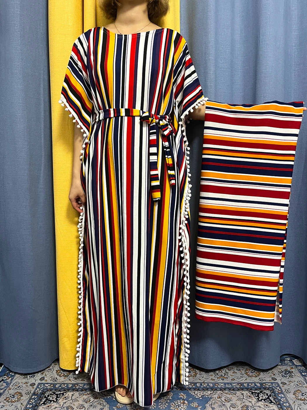 Abayas For Women 2024 Printed Vertical Stripe Tassels Elasticity Loose Fit Femme Robe African Woman Dresses With Belt Headscarf