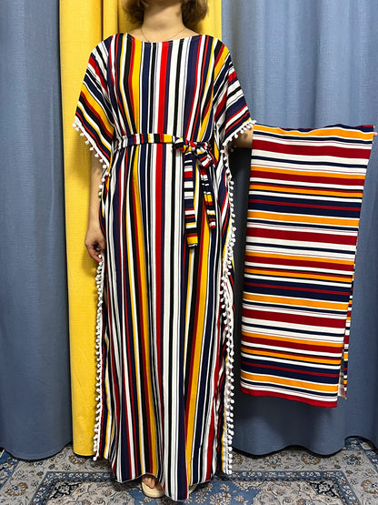 Abayas For Women 2024 Printed Vertical Stripe Tassels Elasticity Loose Fit Femme Robe African Woman Dresses With Belt Headscarf