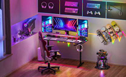 Höhen verstellbarer Gaming-Schreibtisch Stehpult, großer Gaming-Computer-Schreibtisch mit RGB-LED-Leuchten für Spiele und Home Office, schwarz