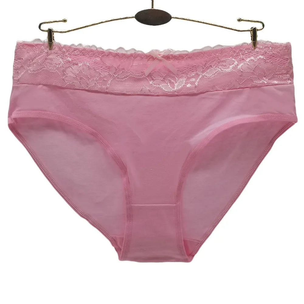 Women's cotton briefs sexy mid-rise solid lace waist patchwork panties Ladies briefs plus size women briefs underwear 3 Pcs/lot.