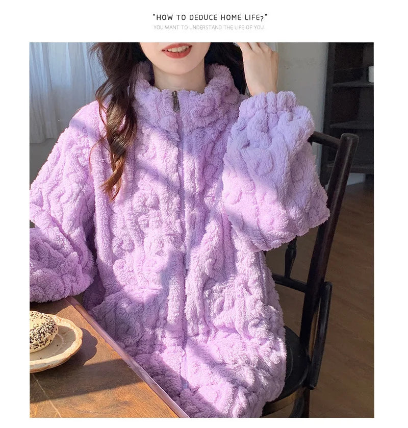 Große Größe Flanell Pyjama Set Herbst Winter Weibliche Nachtwäsche Hosen Anzug Verdicken Korallen Fleece Hohe Kragen Lounge Tragen Homewear