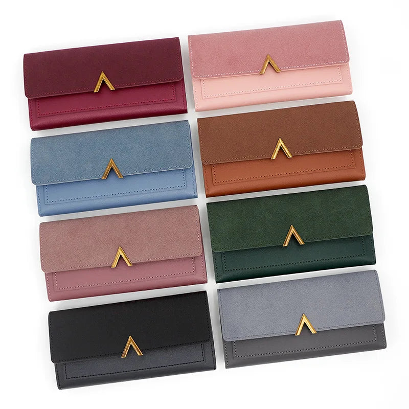 New Korean version women's wallet long V-shaped buckle three fold wallet for women, hand-held bag, change card bag.
