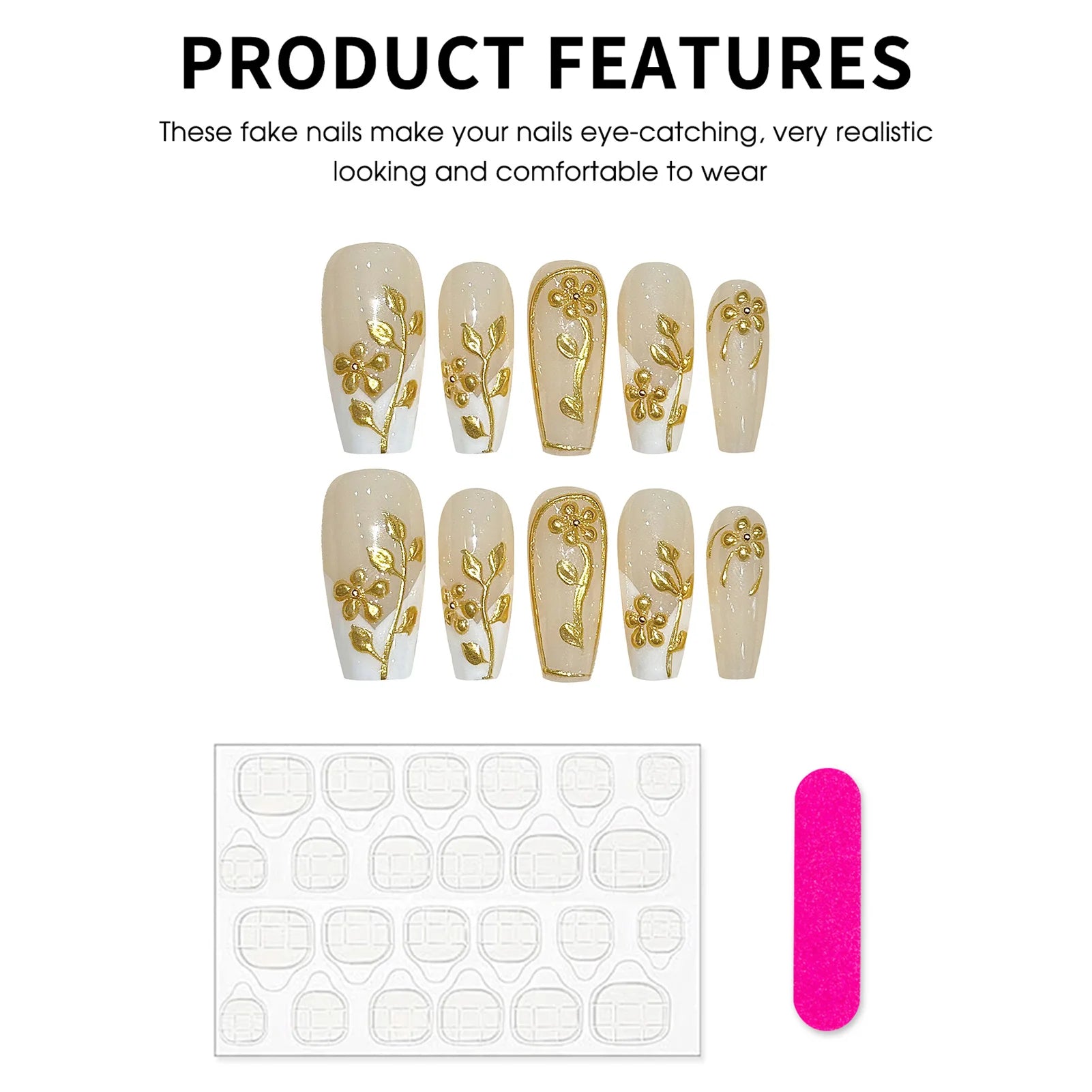 10pcs Handmade Autumn Press On Nails Mid-length Ladder Gold Foil Flower Tips Fake Nail White French Style False Nail For Women.