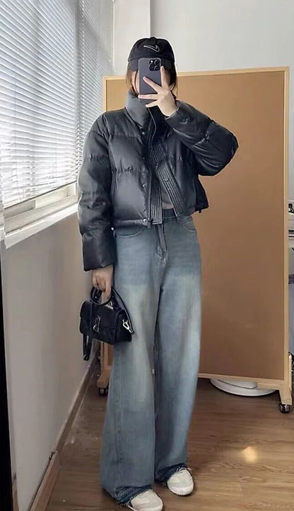 Winter Warme Dicke Parkas Frauen Neue Mode Lose Ernte Jacke Weibliche Schwarz Baumwolle Gepolsterte PU Leder Elegante Zipper Mantel Y2K Tops.