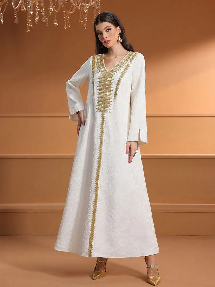 TOLEEN Women Floor-Length Dresses Fashionable And Heavy Industry Beaded Loose Robe Elegant And High-Quality Muslim Long Dress.
