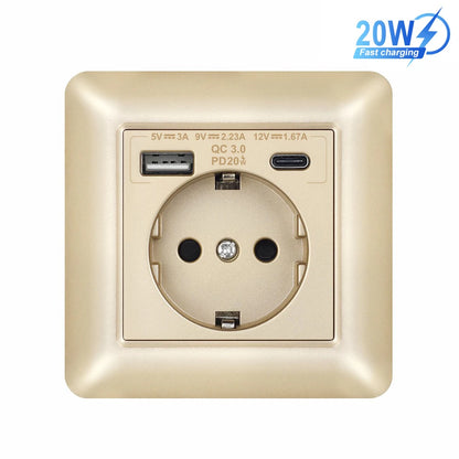 SRAN USB-Wandsteckdose, 20 W, schnelles Laden und 5 V, 2 A, EU-Standard, 82 x 82 mm, flammhemmendes PC-Panel, USB-Typ-C-Kombination