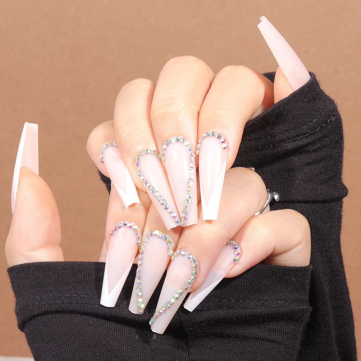 Transform Your Nails with 24pcs Long Coffin White French 3D Rhinestone Decor Fake Nail.