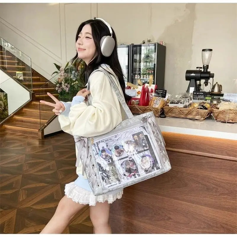 New Versatile Fashion Ribbon Itabag Large Capacity Green Large Food Anime Millet Bag Daily One Shoulder Tote Bag.