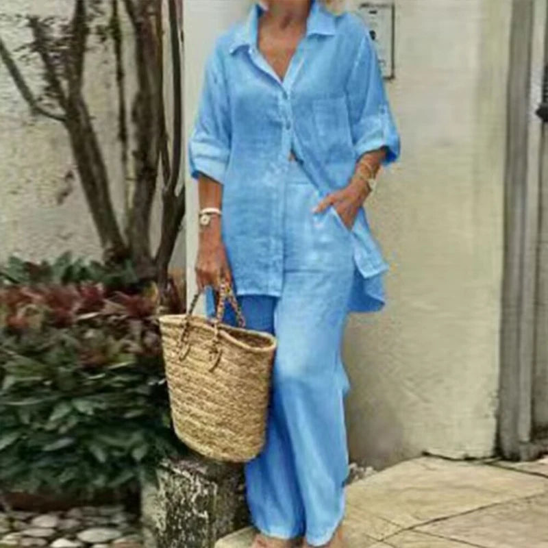 New Cotton Linen Suit Women's Tracksuit Oversize Shirt Loose Pants Set Female Trendy Daily Casual Fashion Ladies 2 Piece Sets.
