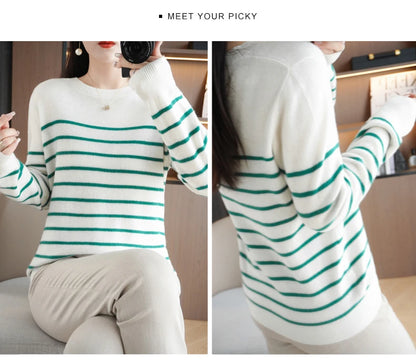 Herbst Winter neue Frauen O-Ausschnitt Farbe Streifen Pullover Wolle Mischung Mode weichen warmen Pullover Kaschmir lose lässig Strick Base Top