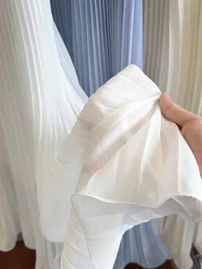 Women's Summer Elegant Pleated Elastic Waist Chiffon Long Skirt Lady High Waist A Line Streetwear Solid Color Skirt.