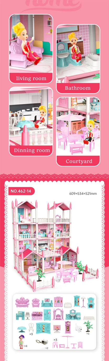Girls Toddler Doll House - Large Doll House with 4 Dolls, Furniture, Accessories, LED Lights, 4 Stories Princess Dream House Toy.