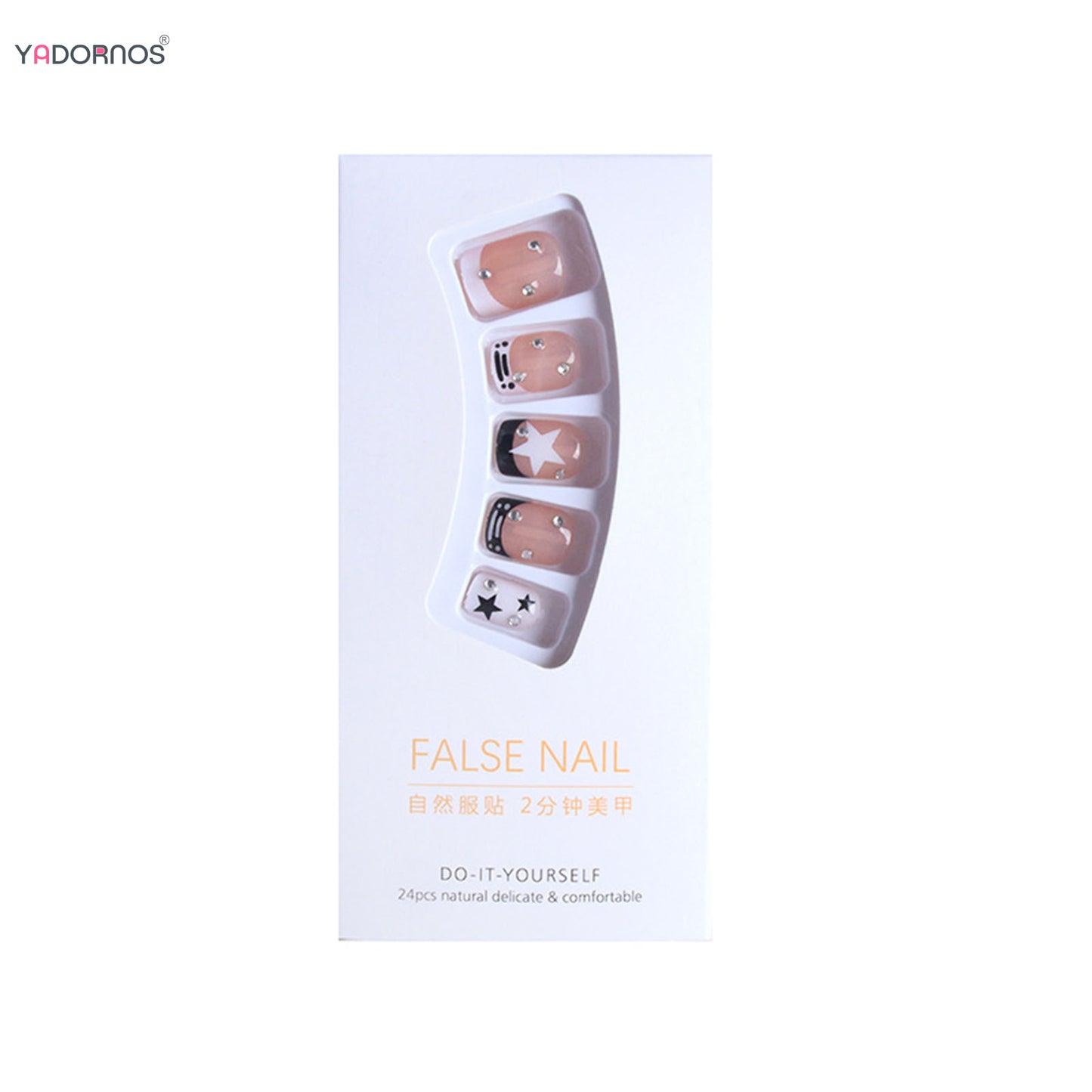Short Square Fake Nails Y2K Style Nails Press on White/Black French Tips Star Diamond Designs False Nails for y2k Girls 24Pcs.