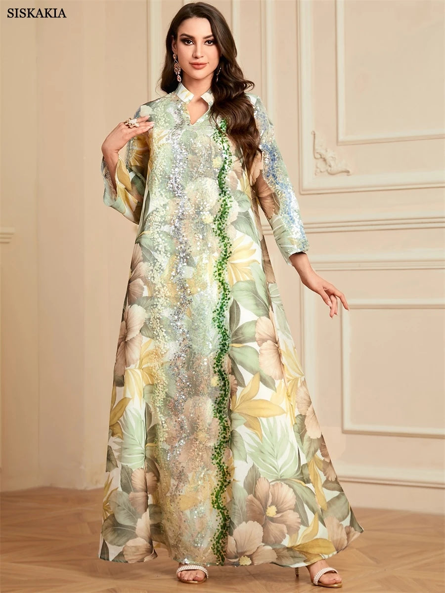 Siskakia Ramadan Dubai Floral Print Long Dress Sequins Patchwork Abayas Mesh Kebaya For Muslim Women's Casual Loose Clothing.