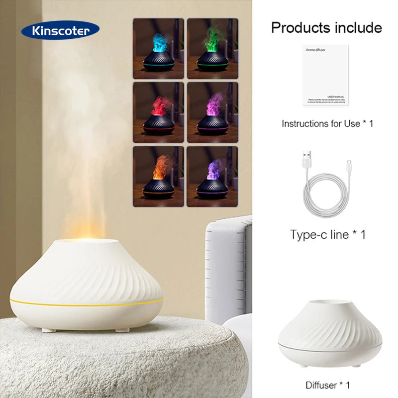 KINSCOTER Volcanic Aroma Diffuser Essential Oil Lamp 130ml USB Portable Air Humidifier with Color Flame Night Light.