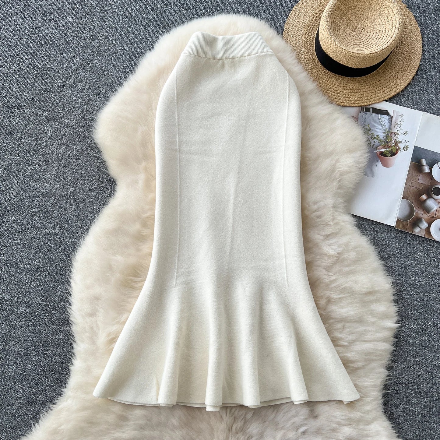 High Waisted Vintage Knitted Skirt Women Ruffled Slit Fishtail Office Midi Skirts Autumn Winter Woolen Skirt.