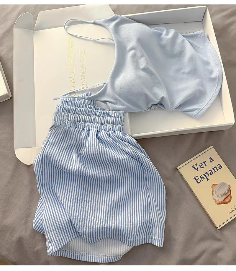 Einfarbiger Pyjama mit Brustpolstern, gestreifte Shorts für Damen, Sommer, dünne Leibchen-Shorts, Loungewear, großer Pyjama, zweiteiliges Set.
