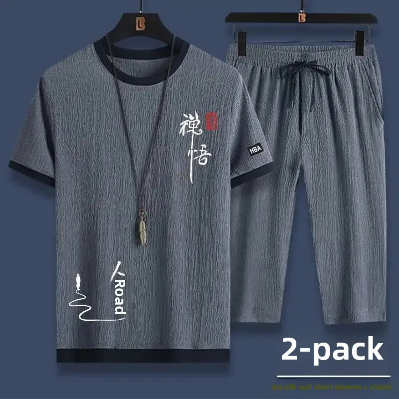 Summer Casual Ice Silk Short Sleeve T-Shirt Shorts Set for Men Fashionable Two-Piece Outfit Lightweight Sportswear Combo