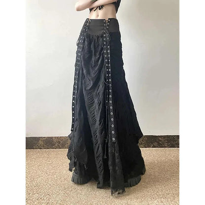 MEXZT Y2K Lace Mesh Long Skirt Women Harajuku Vintage Patchwork Bandage Black Skirts Gothic Aesthetic High Waist Chic Faldas New.