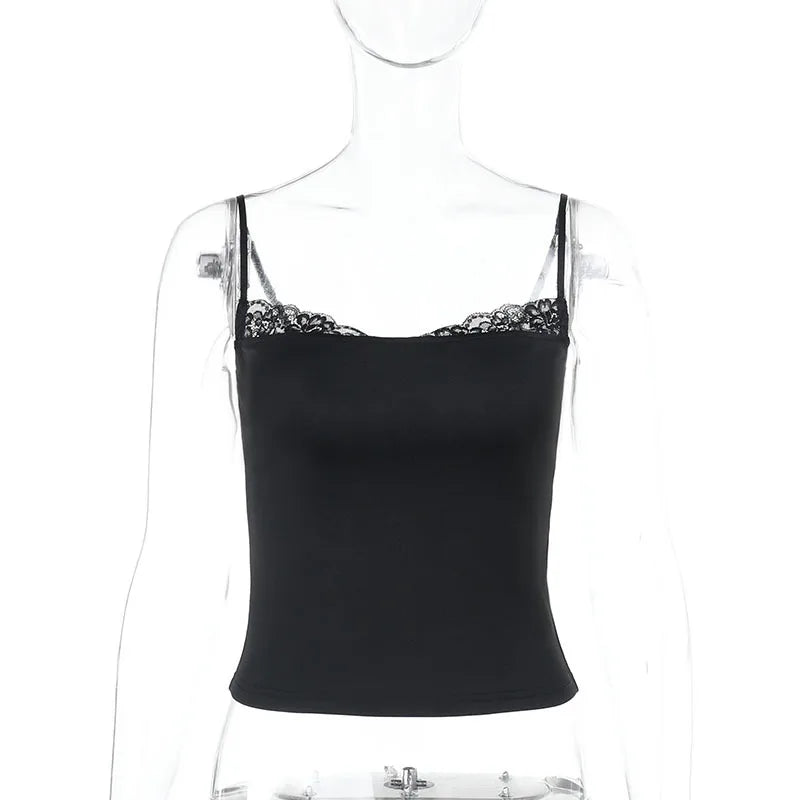 Top Sexy Hot Girl Sommer Slim Fit Einfarbig Spitze Patchwork Hosenträger.