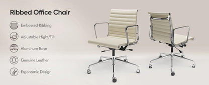 Weiße Drehstühle aus echtem Leder mit mittlerer Rückenlehne, ergonomischer Bürostuhl, verstellbarer drehbarer Gaming-Stuhl aus Leder, gerippter Bürostuhl