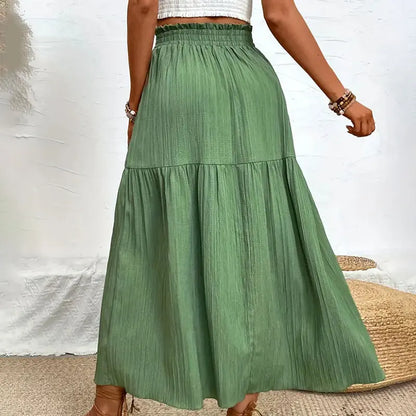Fairyshely Casual Green Split Long Skirt Women 2025 Summer Ruffle High Waist Midi Skirt Lady Elegant Solid A line Pleated Skirt.