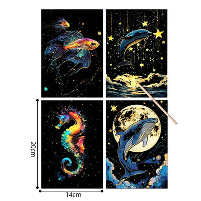4PCS Glow in Dark Scratch Paper Animals Cards Magic Painting Art with Stylus Stress Relief Drawing Toy DIY Craft Kids Adult Gift