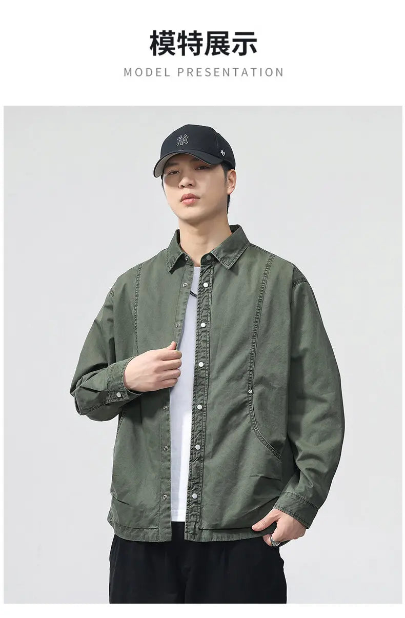 Autumn Fashion Vintage Shirt Style Jacket Men Streetwear Loose Casual Plus Size Washed Cotton Cargo Jacket Man Coat Outerwear.