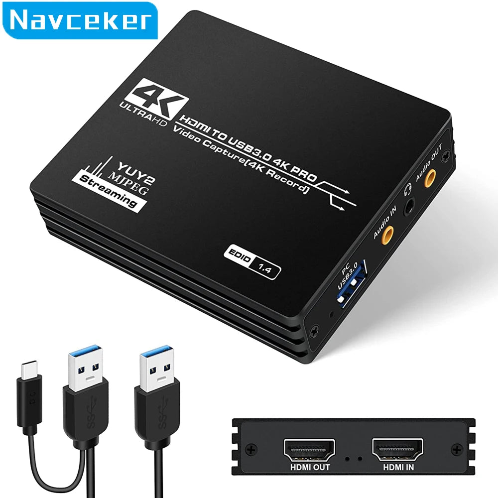 Navceker 4K Pro USB 3.0 Video Capture Card HDMI-compatible 1080P 60fps HD Video Recorder Grabber For OBS Capturing Game Live.