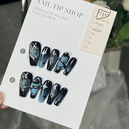 10pcs Black Press on Nails Medium Coffin Sliver Swirl Y2k Fake Nails with Glue Acrylic False Nails Press Ons Full Cover Nail Tip.