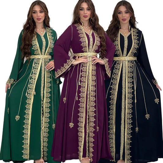 Eid muslimische Frauen Party Stickerei Kleider 2 Stück Set Jalabiya Ramadan Islam Vestidos arabische Robe Marokko Dubai Abayas Kaftan.