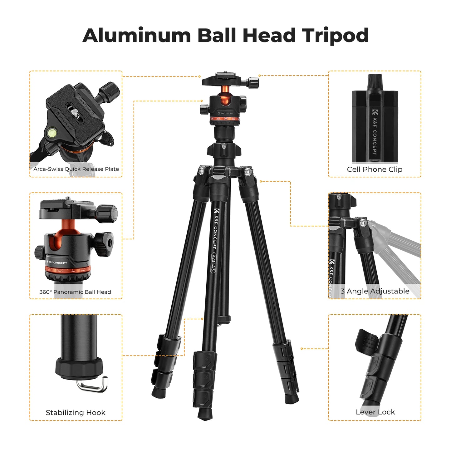 K&F Concept 178cm Lightweight Camera Tripod Cellphone Clip Travel DSLR Tripod for Nikon Canon Camera Outdoor Live Streaming Vlog.