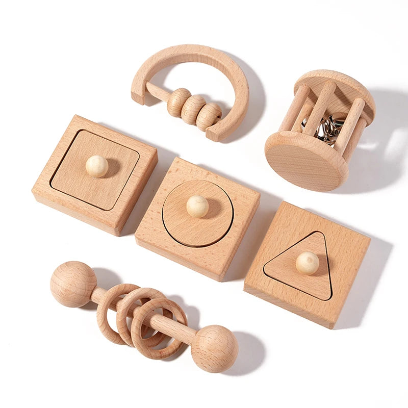 Wooden Geometric Shapes Sorting Montessori Puzzle Toys Baby Toys Wooden Rattles Ring Rattles Sensory Toys Preschool Education.