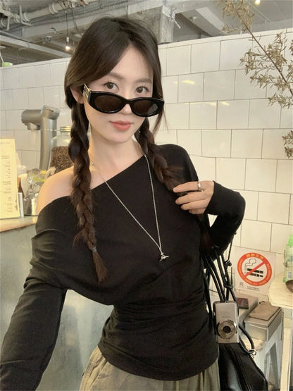 Women Sexy Off Shouder Tops 2025 Fashion New In Y2k Hot Girl Slim Long Sleeve Shirts Solid Autumn Spring Chic T-shirt Streetwear.