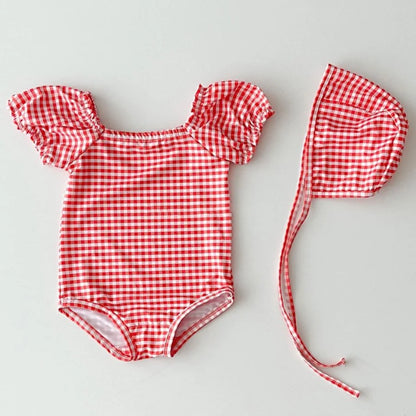 2025, Sommer Baby Badeanzug Koreanischen Stil INS Gedruckt Infant Ein Stück Overall Kleinkind Mädchen Schwimmen Body Mit Hut.