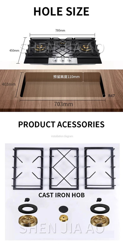 JYZ/T-733-PCB Gas Stove Three Eyes Stove Household Desk Embedded Dual-use Double Stove Natural Gas Liquefied Gas Stove