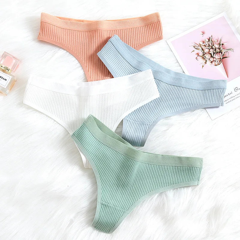 4Pcs Women's Panties Fashion Striped Thongs Soft Cotton Underwear Ladies Sexy Lingerie Sports Breathable G-Strings Cozy T-Back.
