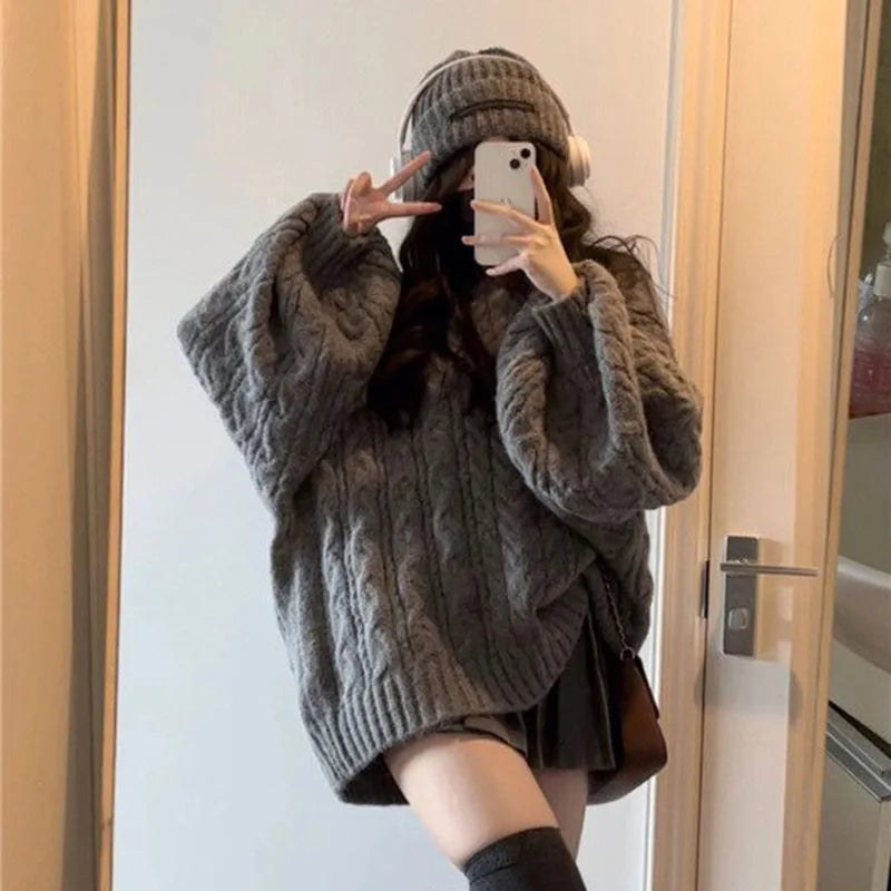 Herbst Winter Frauen Pullover Harajuku Übergroßen Gestrickte Pullover Koreanische Langarm V-ausschnitt Strickwaren Preppy Solide Lose Jumper.