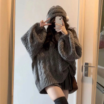 Herbst Winter Frauen Pullover Harajuku Übergroßen Gestrickte Pullover Koreanische Langarm V-ausschnitt Strickwaren Preppy Solide Lose Jumper.