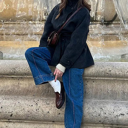 Winter warme Schnürung Damen mantel einfarbig Vintage Einreiher Mantel Mode Herbst Damen jacken neue Retro-Oberbekleidung.