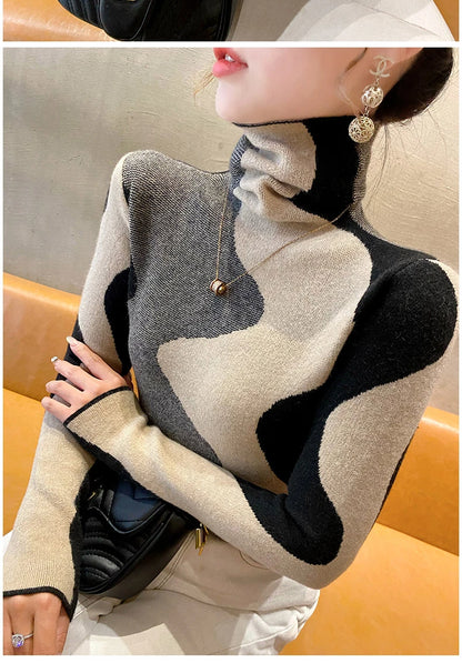 Women Clothing Vintage Fashion Slim Turtleneck Sweaters Autumn Winter Elegant Chic Patchwork Knit Pullovers Office Lady Tops.