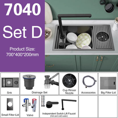 ASRAS Nano Black Small Size Kitchen Sink Cup Washer Hidden Bar Counter Cover Concealed Single Bowl Sinks With Lifting Faucet