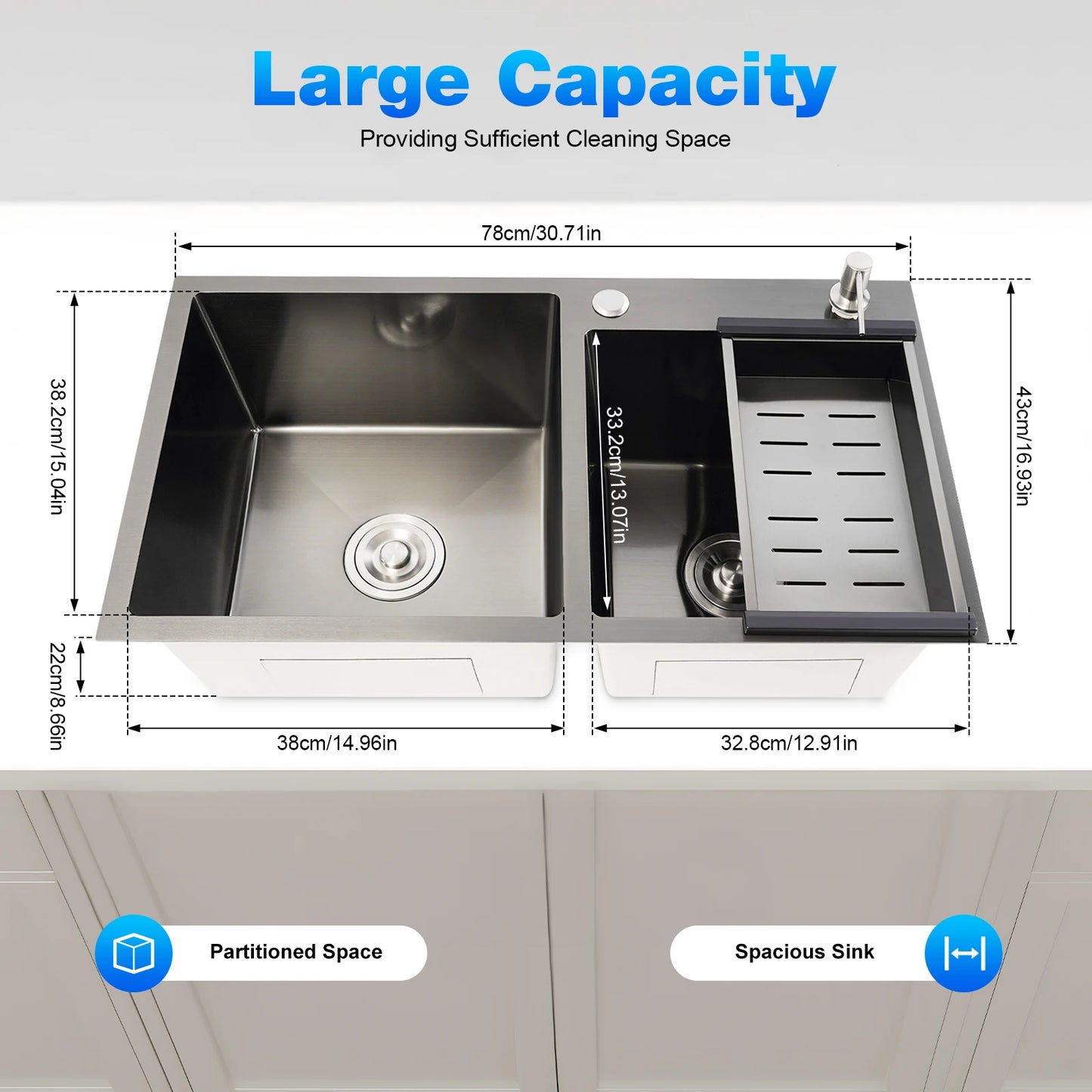 Edelstahlspüle, moderne Küchenspüle, Black Diamond 7843PB, Doppelspüle, Abfluss + Seifenspender zum Reinigen von Geschirr und Gemüse